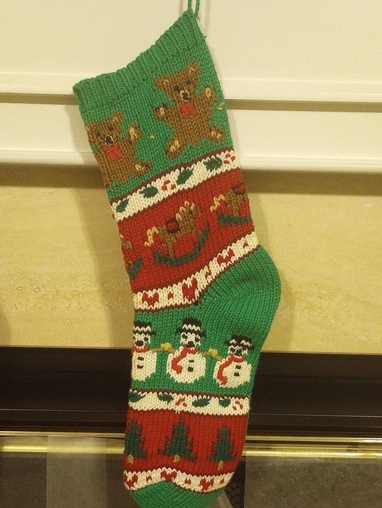 Other - Festive Knit Christmas Stocking with Teddy & Snowman Motifs - Green/Red